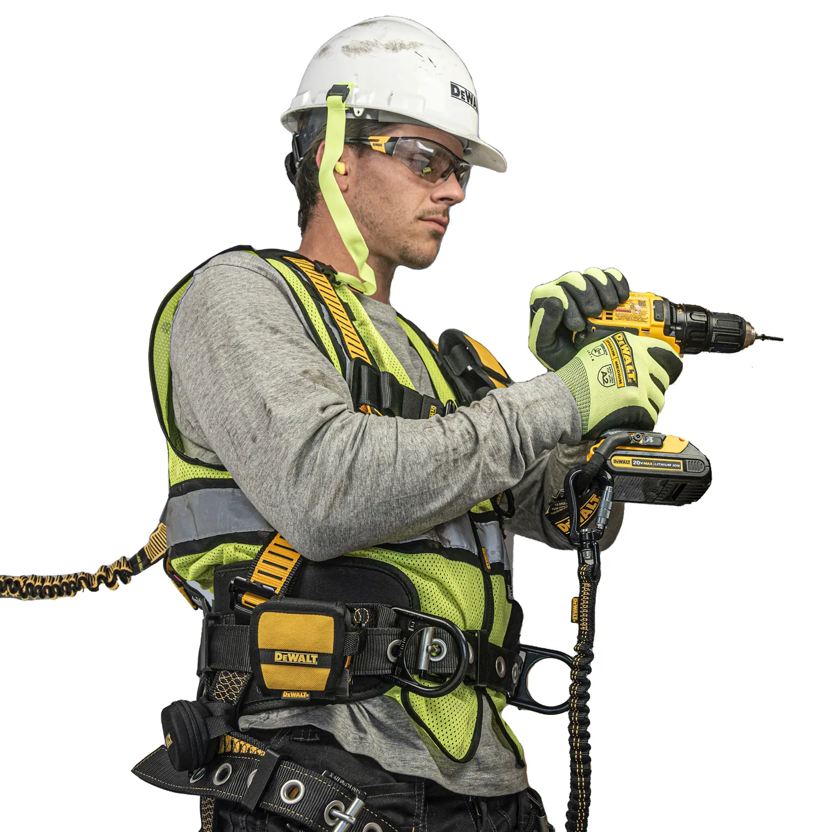 Side view of the DEWALT Power Tool Lanyard Dual Carabiner on a drill hold by workman