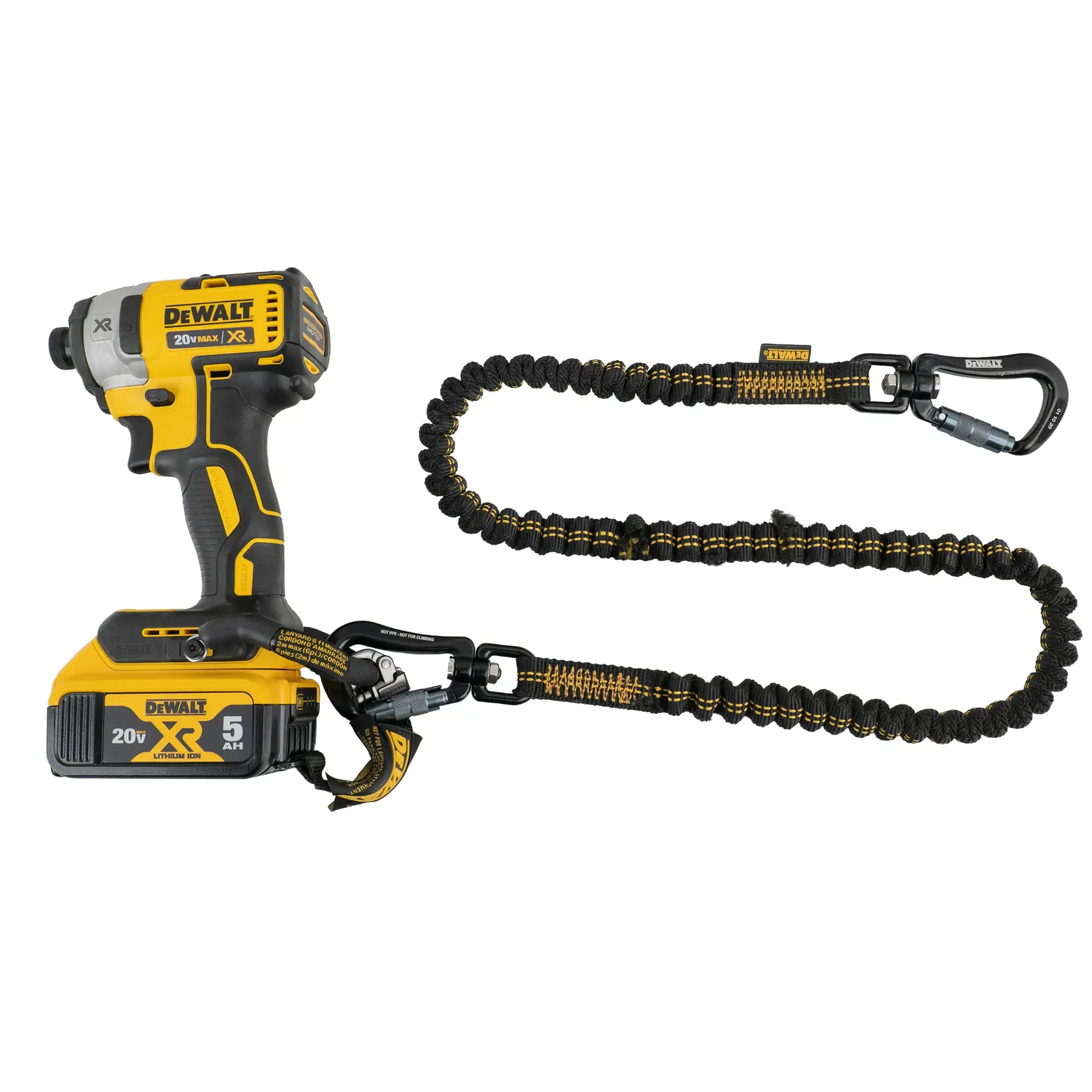 Side view of the DEWALT Power Tool Lanyard Dual Carabiner on a impactor