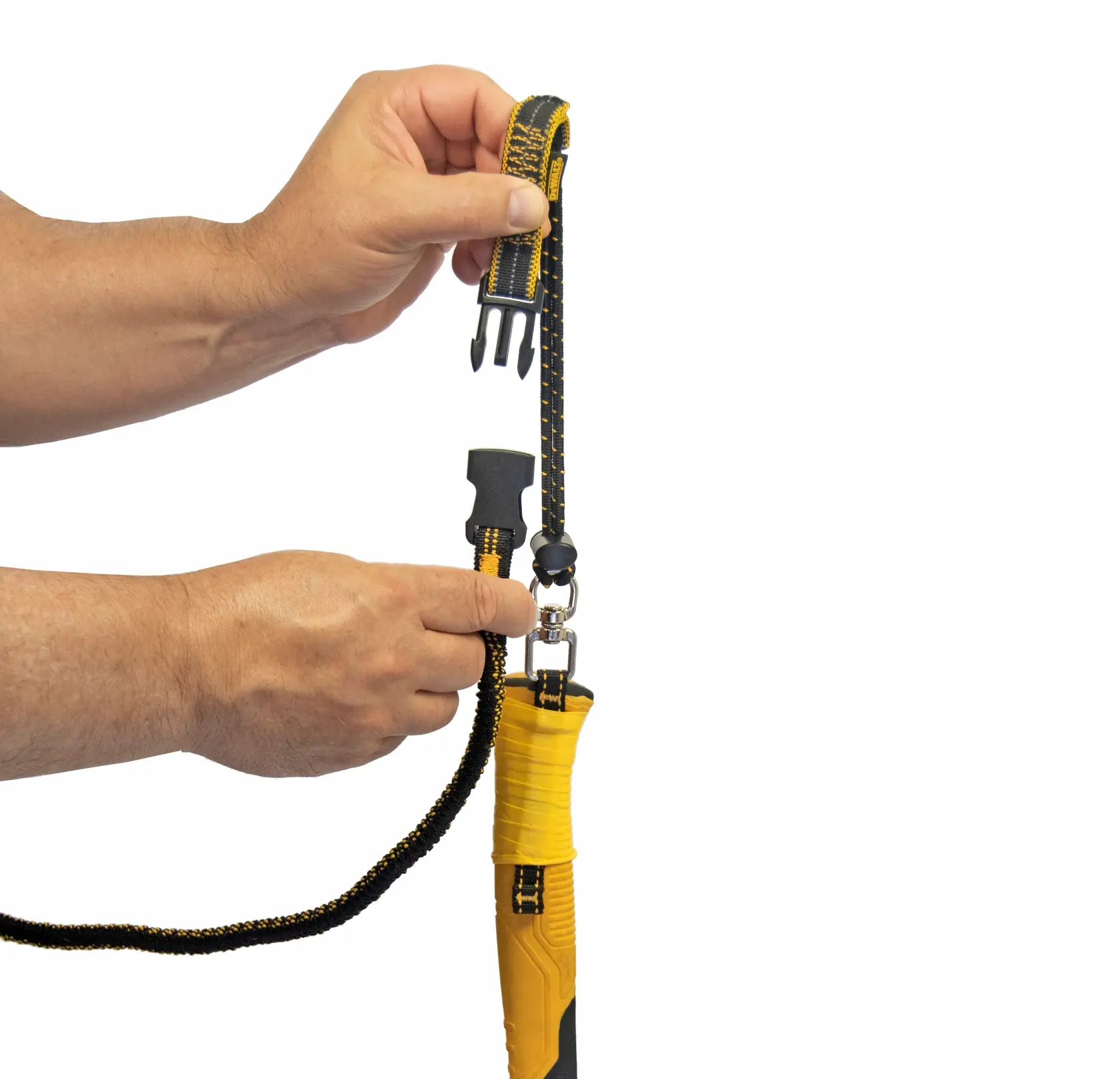 Side view of the DEWALT Tool Tape, taped on a tool anchor on sledge hammer