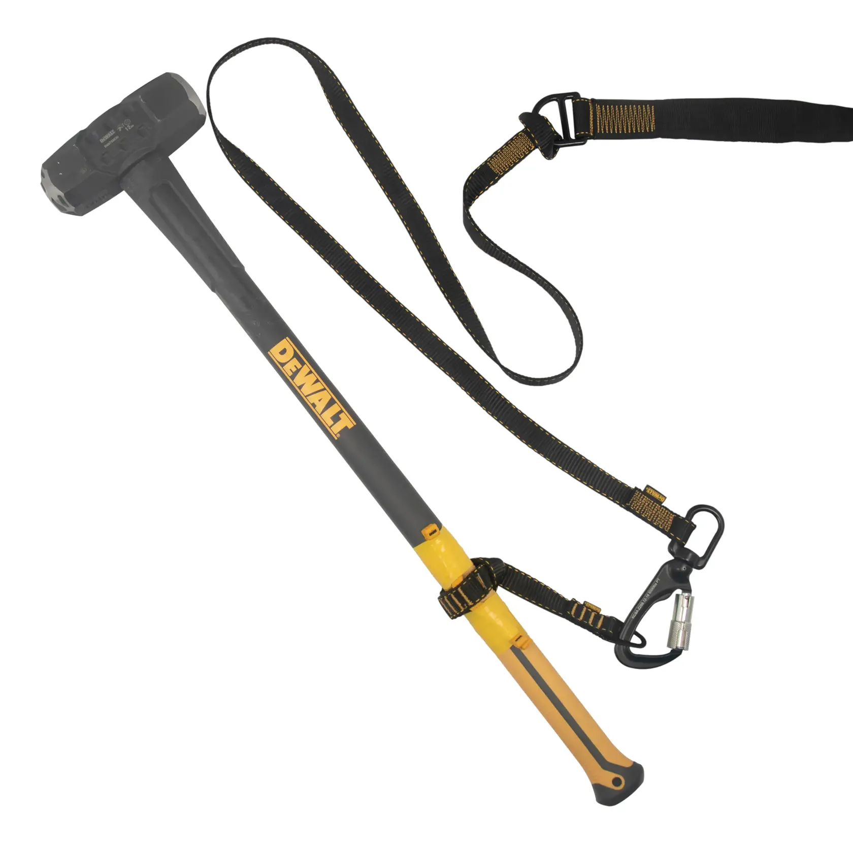 A DEWALT branded sledgehammer with a yellow and gray handle, attached to a black and yellow safety tether with a carabiner and adjustable strap.
