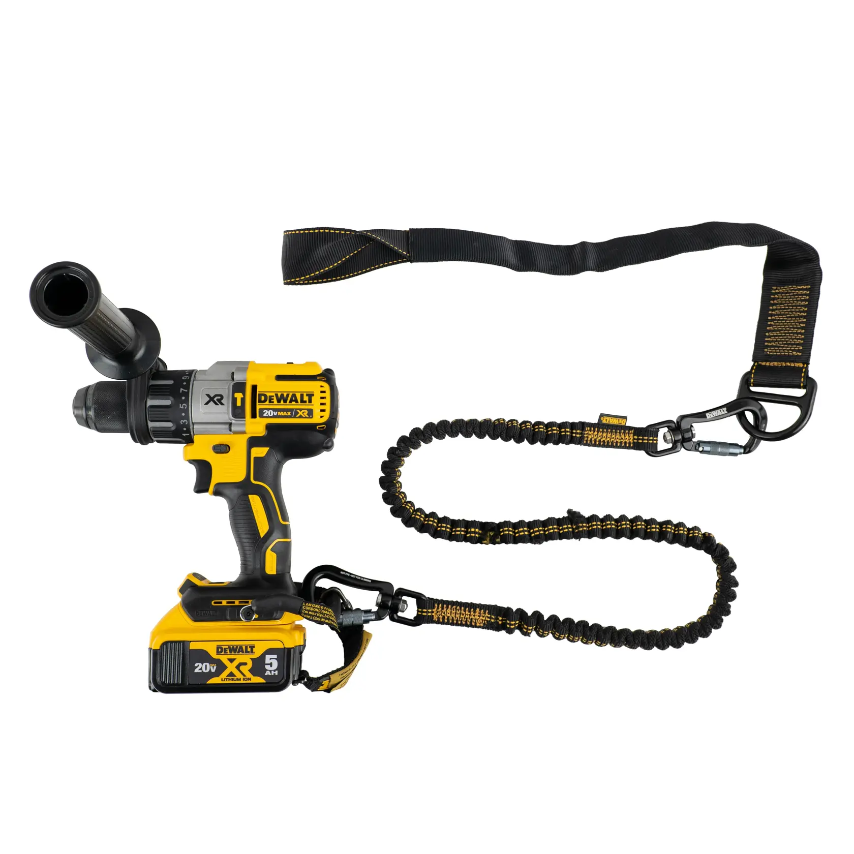 Front view of the DEWALT Tool Anchor Strap cinched on a beam