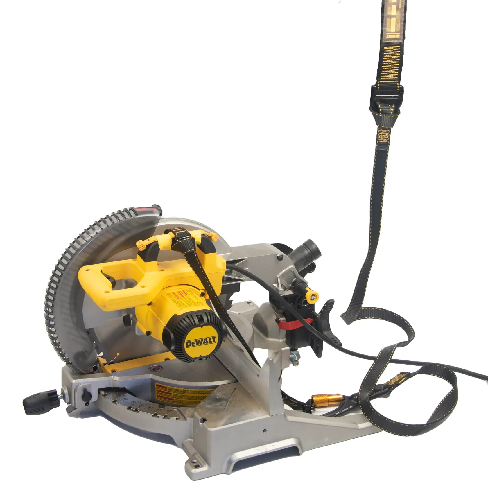 Front view of the DEWALT Tool Anchor Strap, lanyard, and tool anchor taped on a sledge hammer