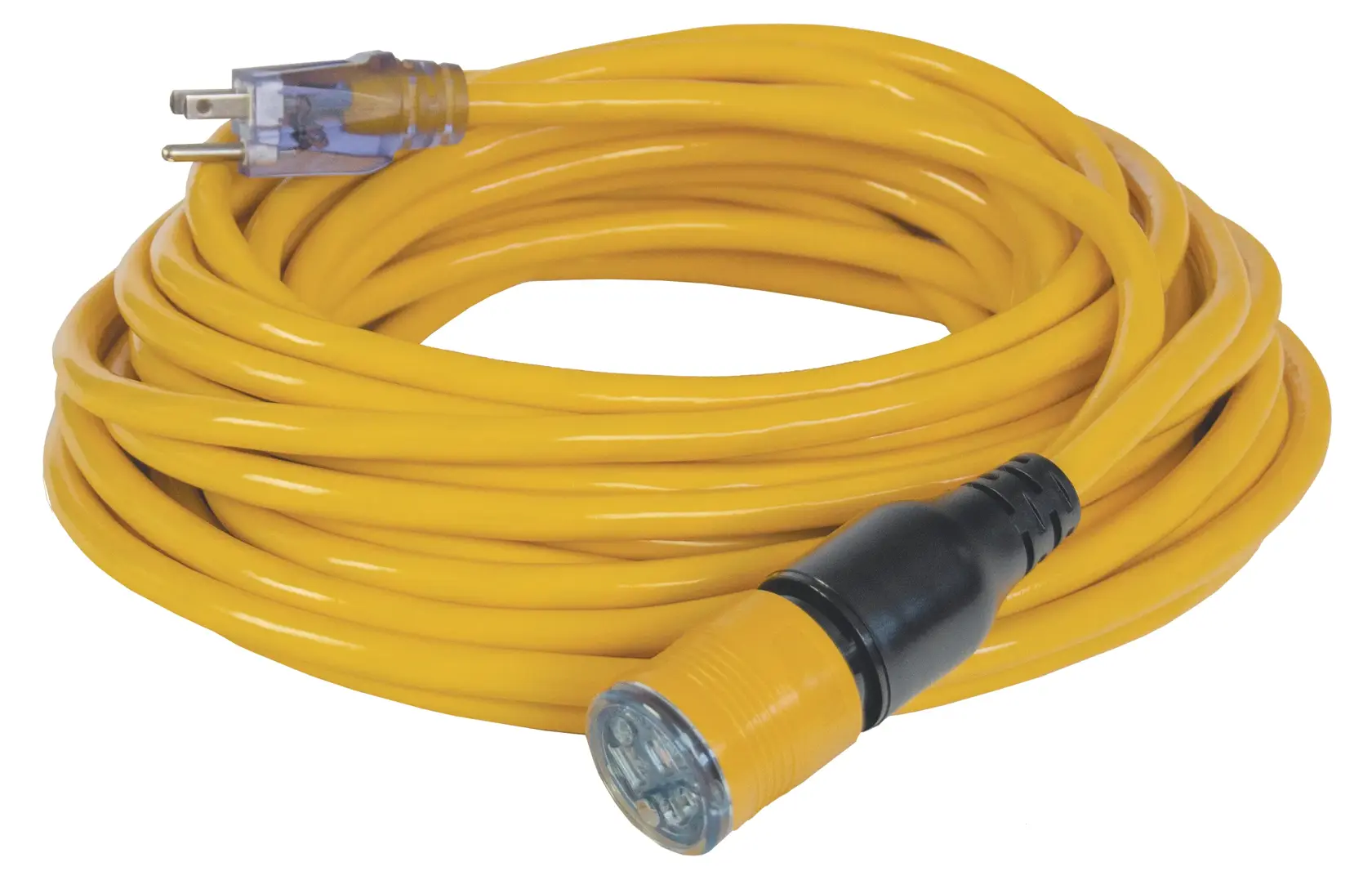 A coiled yellow extension power cord with a clear pronged plug on one end and a black and yellow socket on the other end, designed for heavy-duty electrical use.