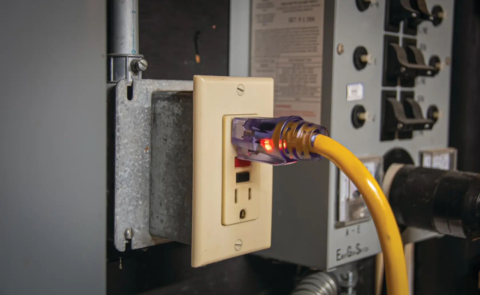 A close-up view of a yellow extension cord plugged into a beige electrical outlet with a built-in circuit breaker, located next to a grey electrical panel.