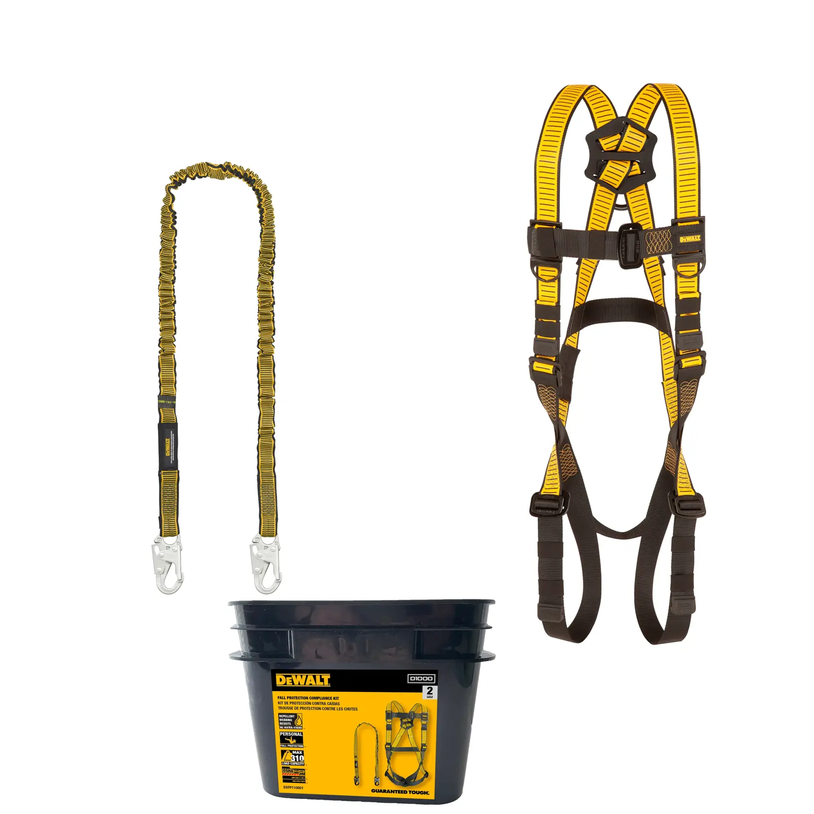 DEWALT fall protection kit including a yellow and black safety harness, a shock-absorbing lanyard with metal hooks, and a black storage bucket with product label.