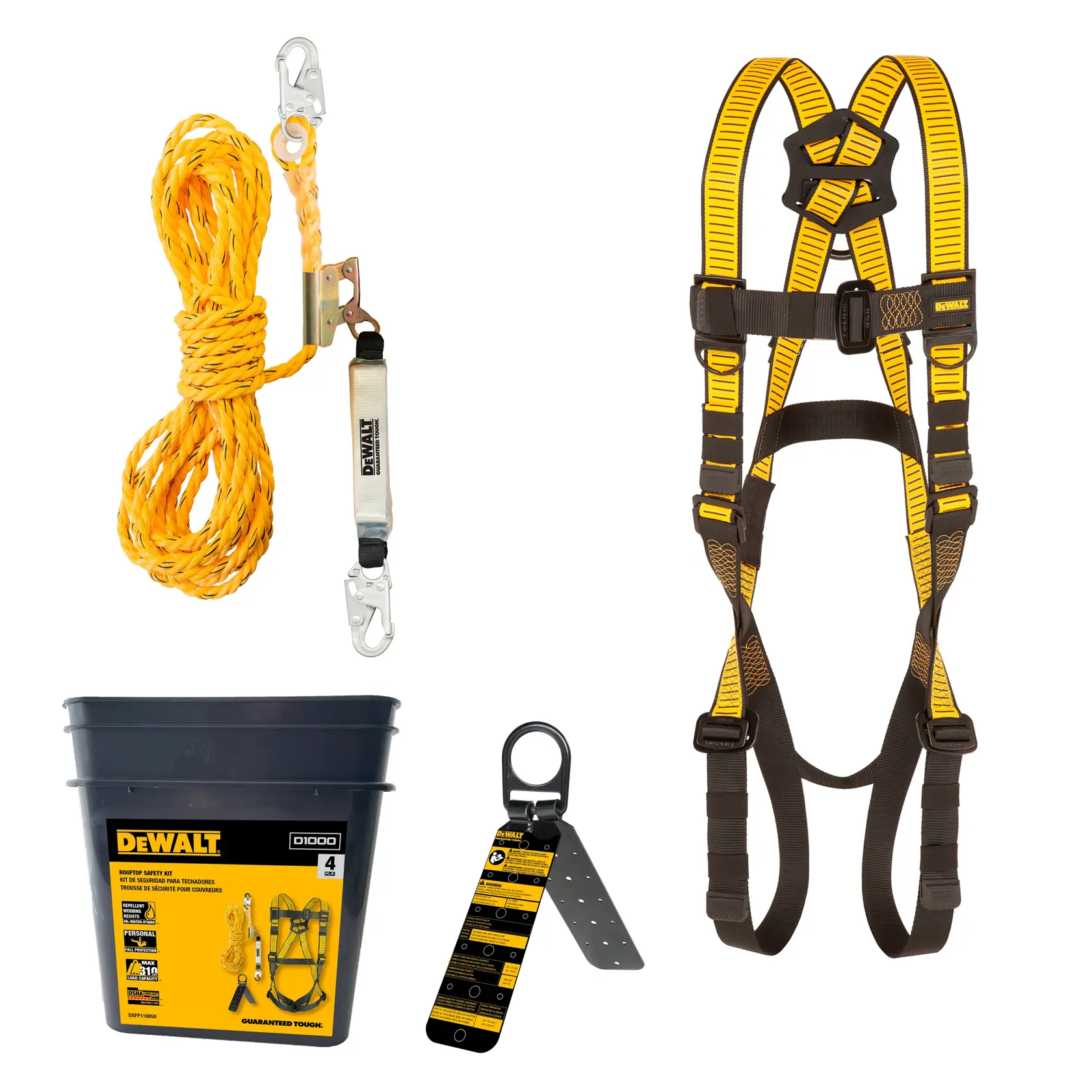 Front view of DEWALT roof safety kit, harness, VLL, Roof anchor, storage bucket