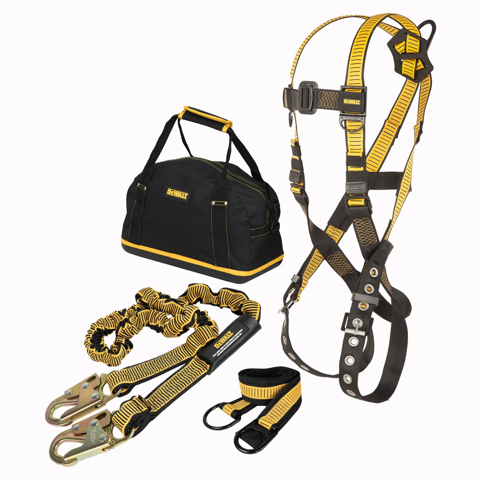 A DEWALT fall protection kit composed of a black and yellow safety harness, a lanyard with double locking hooks, a black and yellow duffel bag, and additional strap accessories. This set is intended for personal safety while working at heights.