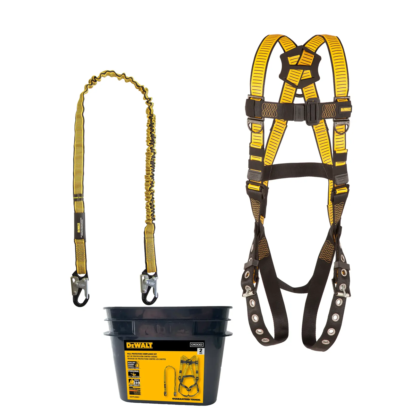 DEWALT fall protection kit including a yellow and black safety harness, a yellow lanyard with hooks on each end, and a black bucket with a DEWALT label, all used for personal safety in photography or construction environments.