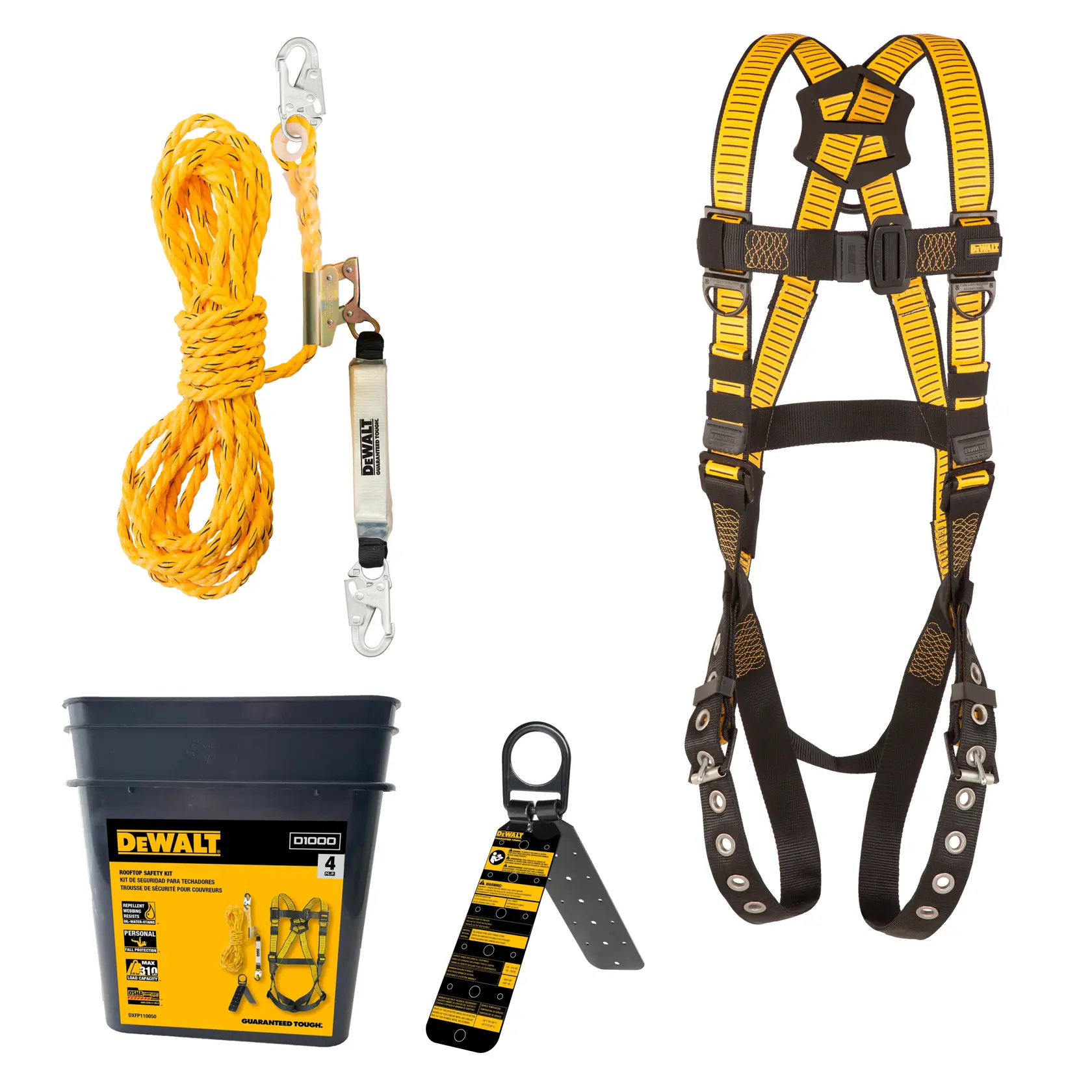 DEWALT branded fall protection kit including a yellow safety harness, a coiled yellow lifeline rope with metal snap hooks, an anchor plate, and a black bucket with yellow label containing safety instructions and product details.