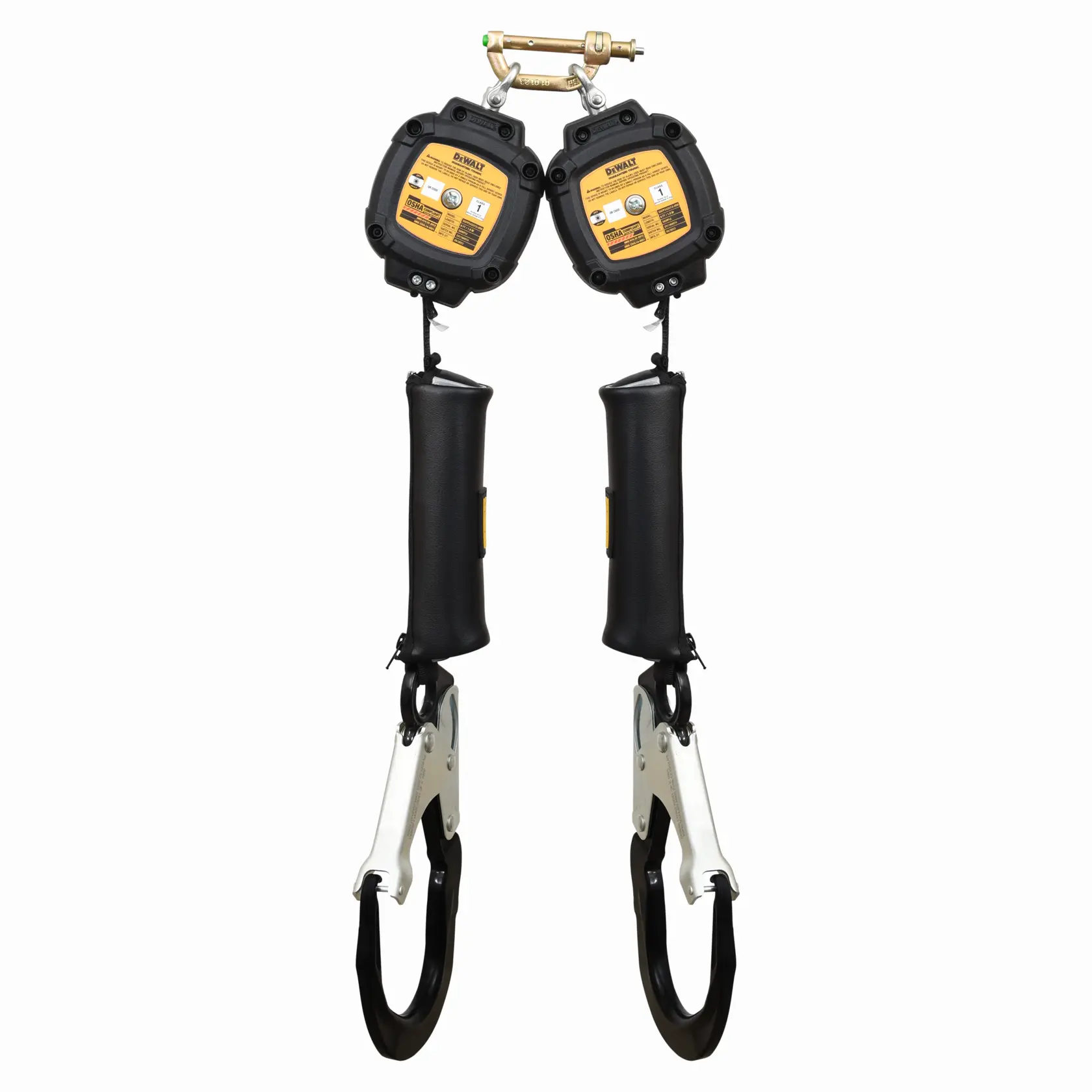 A dual-leg self-retracting lifeline with black and yellow housings, large snap hooks at the ends, and protective covers along each leg. The product is branded DEWALT and designed for industrial fall protection safety, typically used in photography, construction, or other elevated work environments.