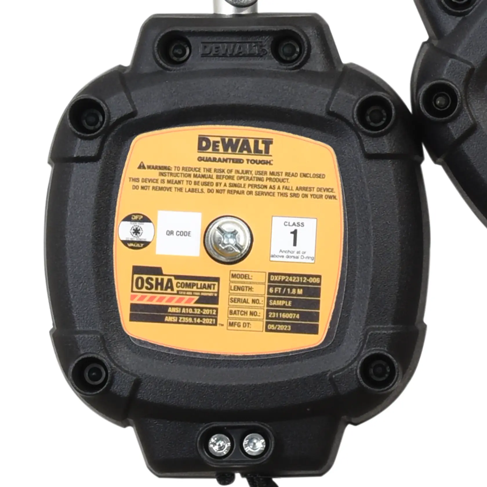 Close-up image of a DEWALT branded fall protection device. The device features a yellow and black label with product information including OSHA compliant markings, model DXFP242312-006, 6 ft length, and manufacturing details. The device has a sturdy black casing secured with bolts.