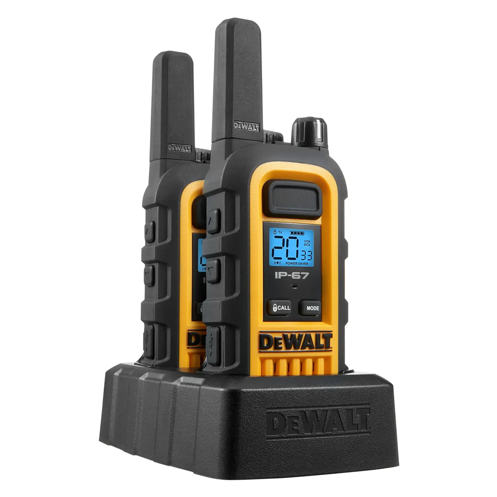Docked right view DEWALT DXFRS300 Heavy Duty Jobsite Radio with 1-watt long distance reception and extended runtime