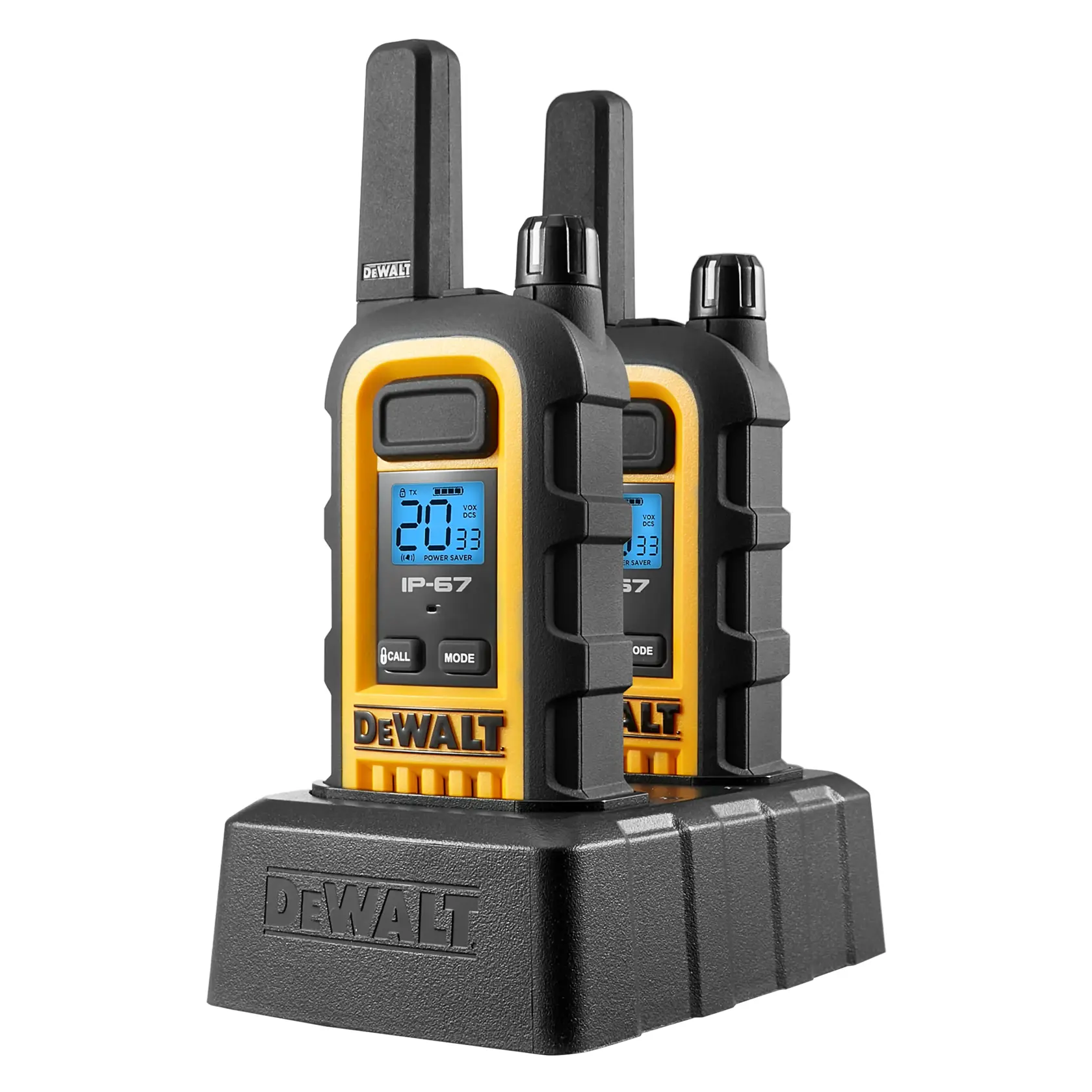 Docked left view DEWALT DXFRS300 Heavy Duty Jobsite Radio with 1-watt long distance reception and extended runtime