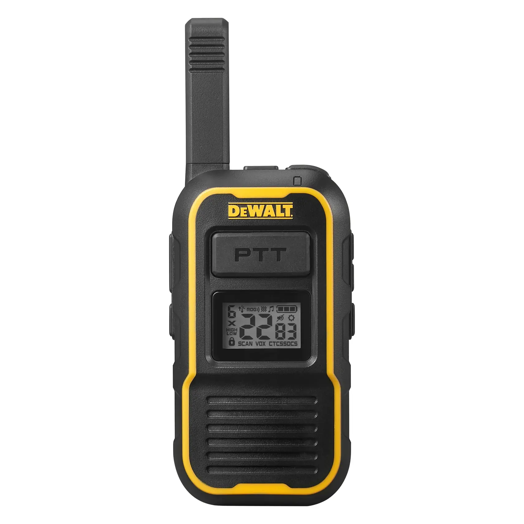 A DEWALT handheld two-way radio device with a black and yellow exterior, visible antenna, PTT button, and digital display screen showing various functions and icons.