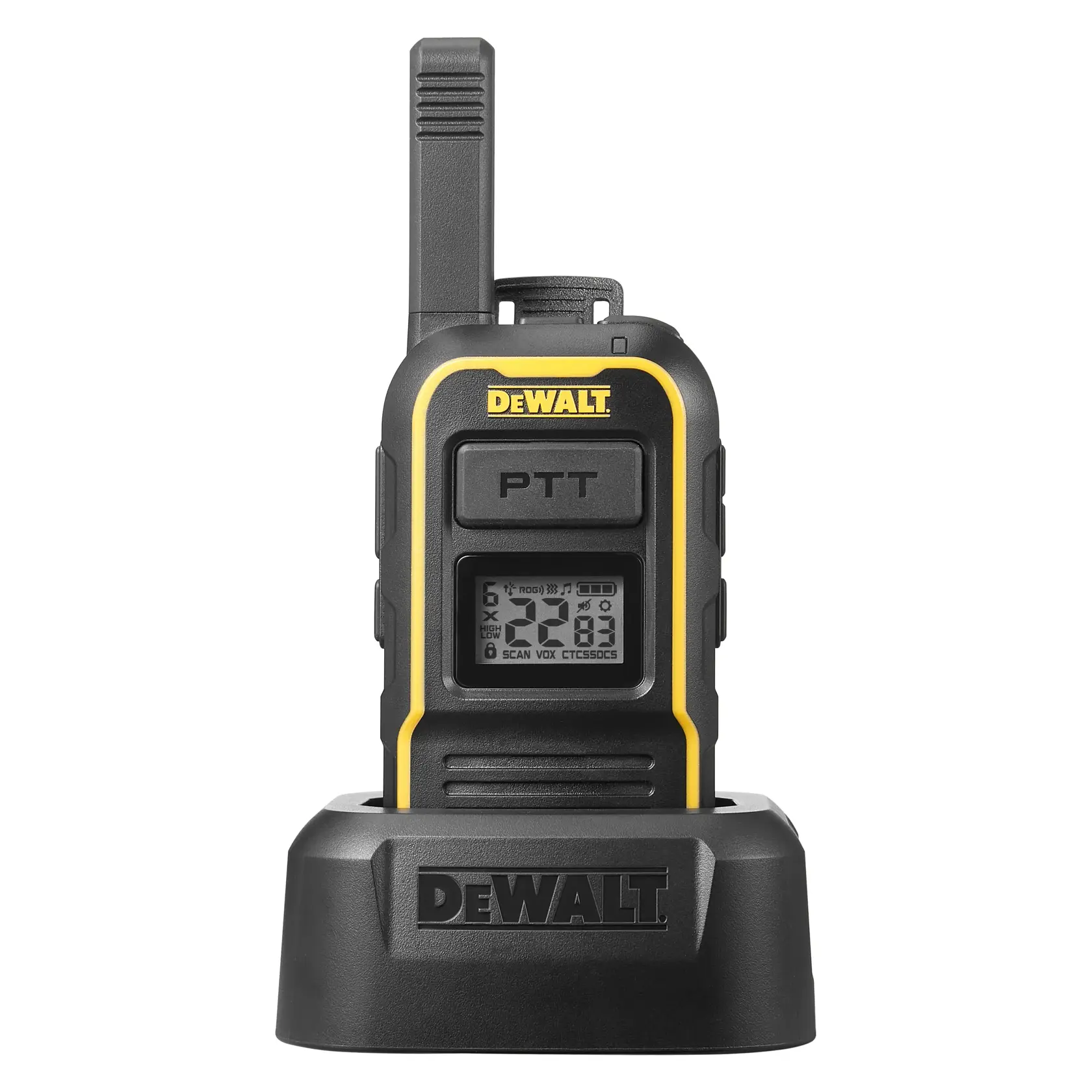 A DEWALT handheld two-way radio with a digital display, shown standing vertically in its charging dock. The device has a black and yellow design, an antenna, and clearly visible buttons labeled 'PTT'.
