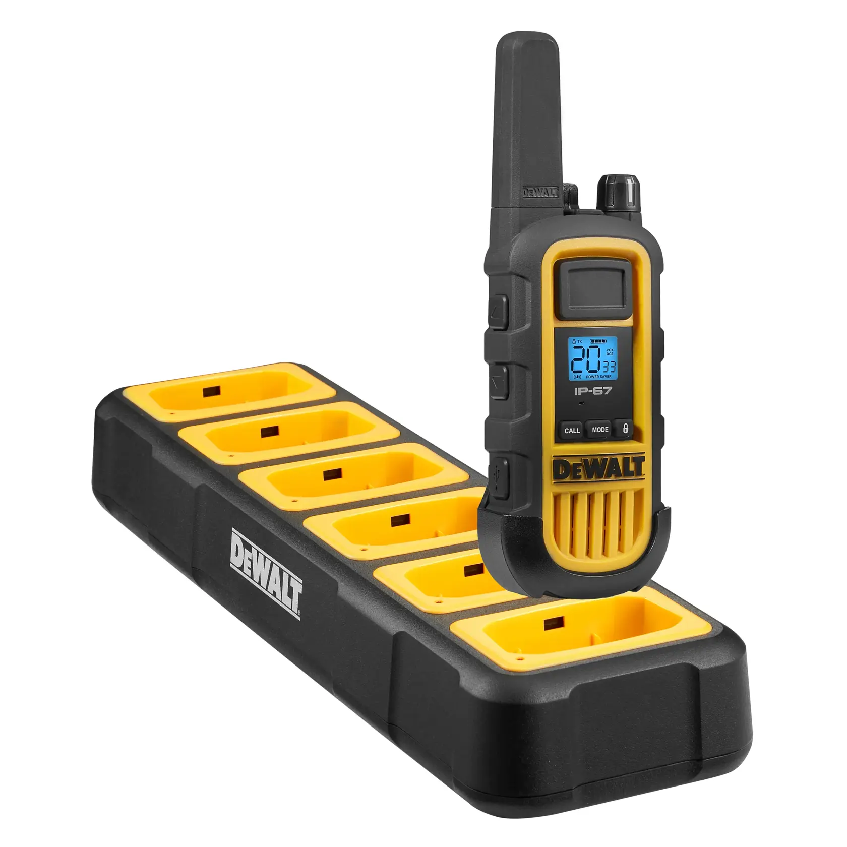 Hero shot DEWALT DXFRSCH6-800 6-Port Gang Charger compatible with DXFRS800 Heavy Duty Jobsite Radios