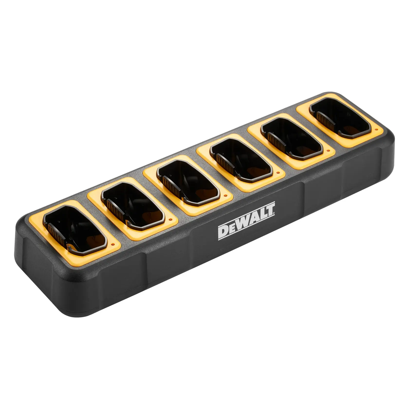 Angled shot DEWALT DXFRSCH6-800 6-Port Gang Charger compatible with DXFRS800 Heavy Duty Jobsite Radios