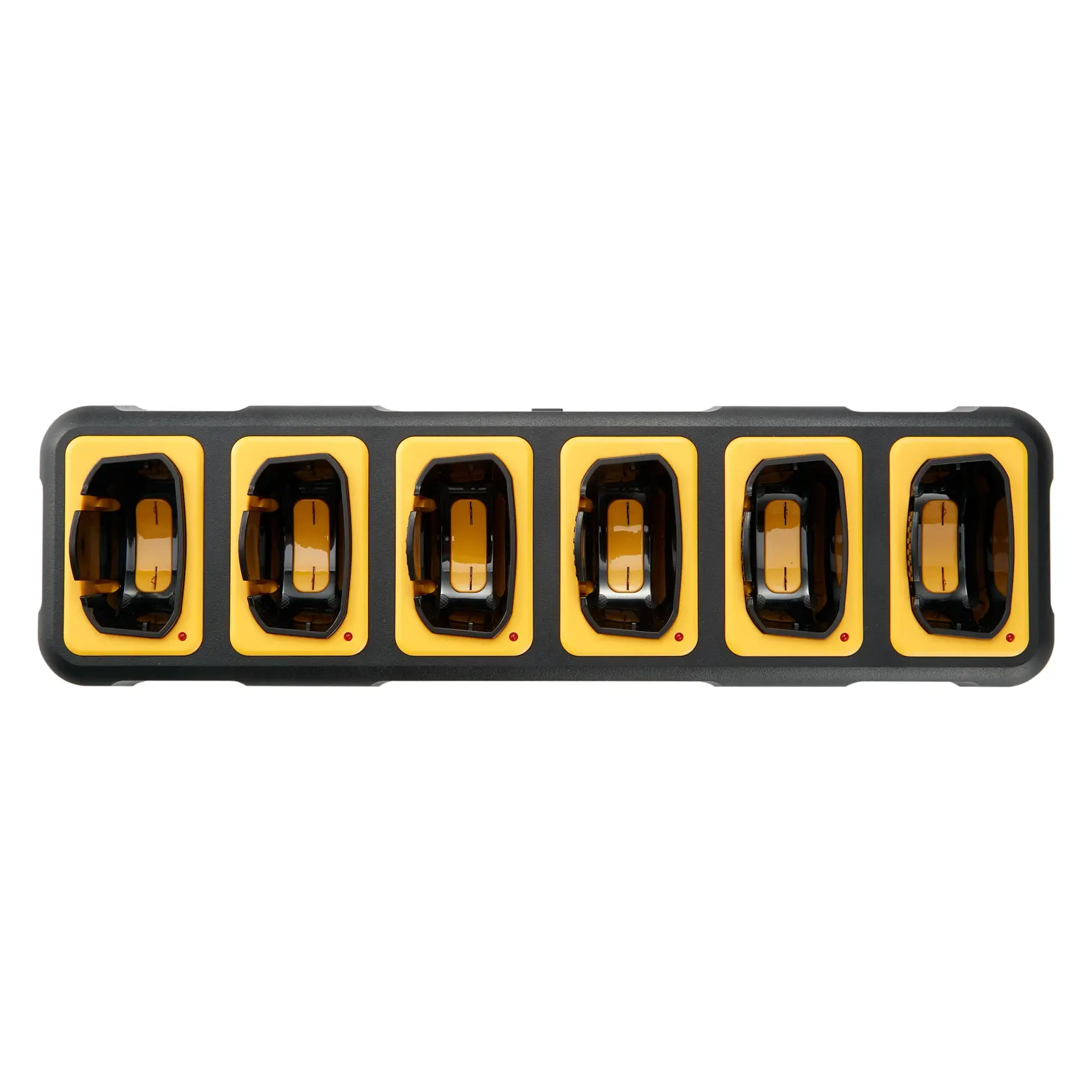 Overhead shot DEWALT DXFRSCH6-800 6-Port Gang Charger compatible with DXFRS800 Heavy Duty Jobsite Radios