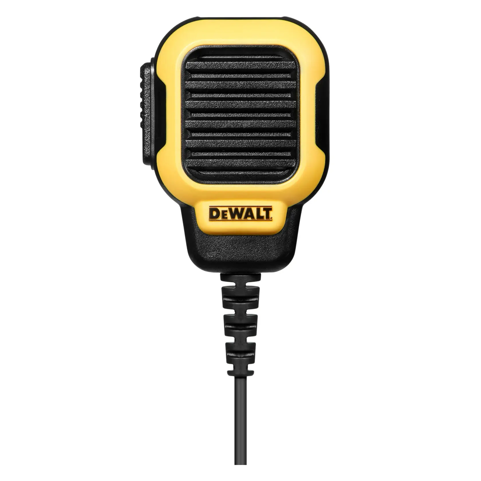 A DEWALT branded yellow and black wired speaker microphone for communication devices, shown against a white background.