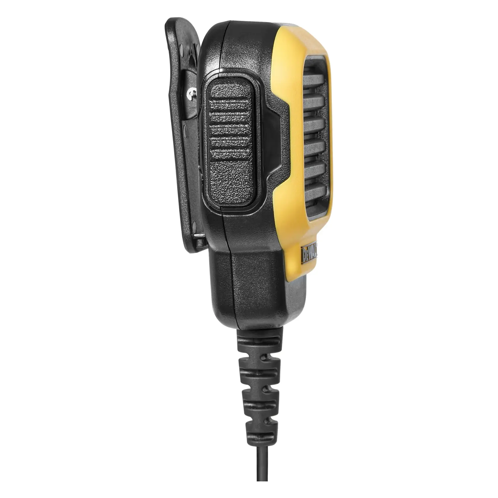 Side view of a DEWALT rugged handheld microphone, featuring a yellow and black casing, a textured button, and a coiled cable.