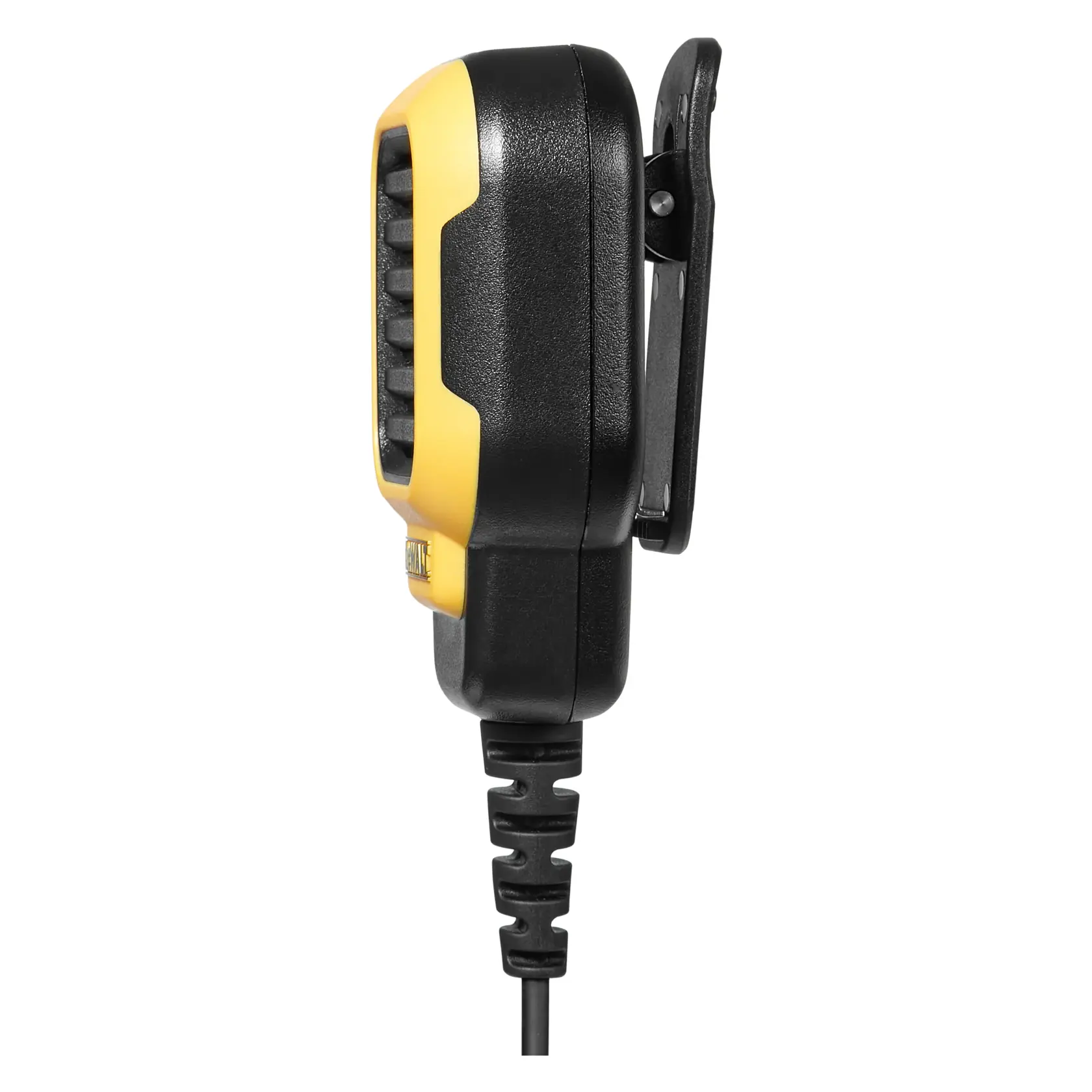 Side view of a DEWALT handheld radio microphone with a yellow and black casing and a built-in clip.