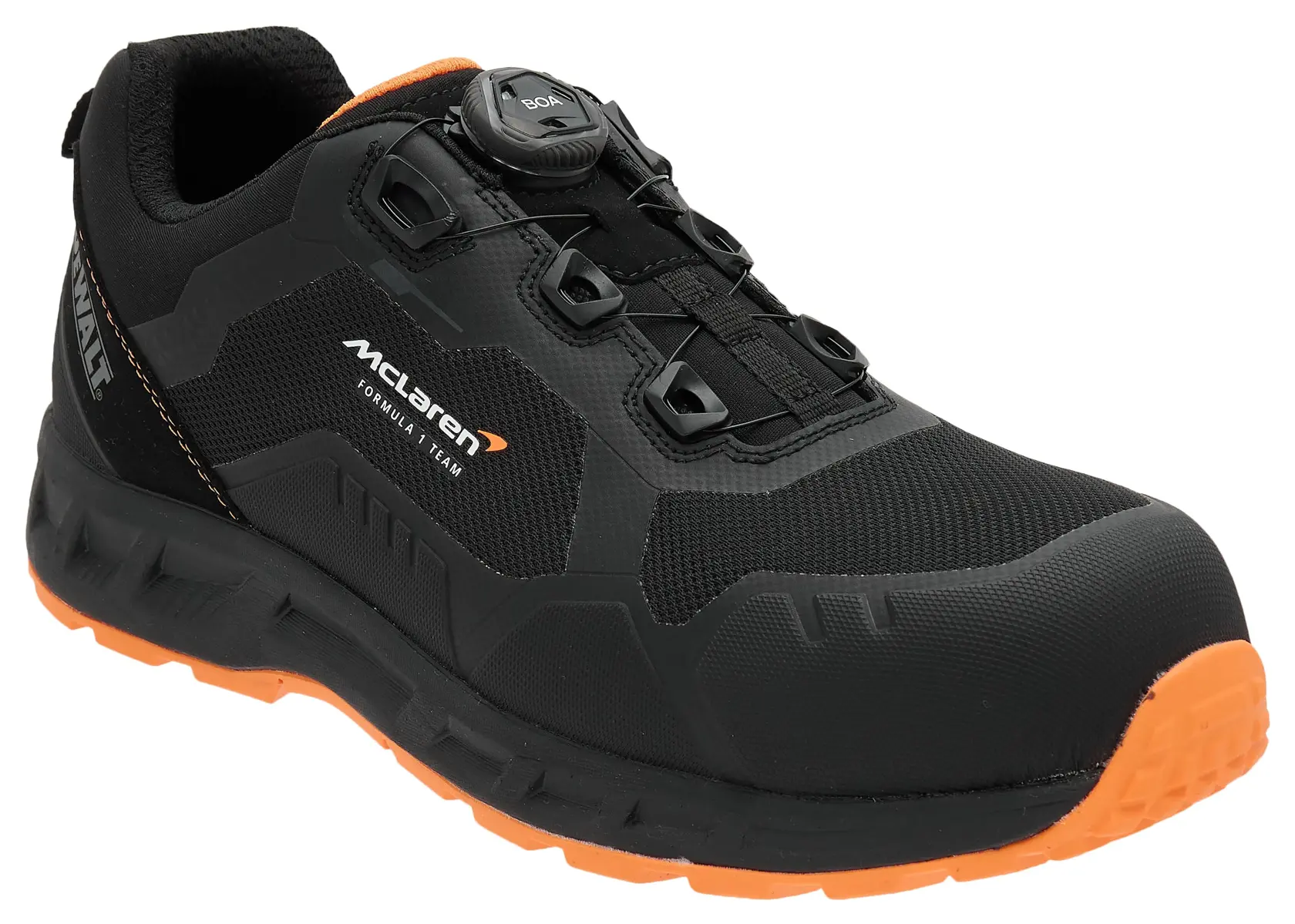 ¾ view facing right of the DEWALT x McLaren Torque Men's Safety Shoes in black