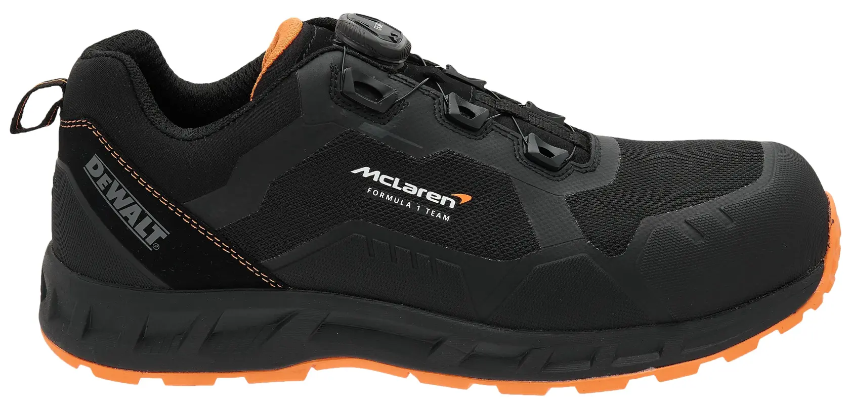 Side view facing right of the DEWALT x McLaren Torque Men's Safety Shoes in black