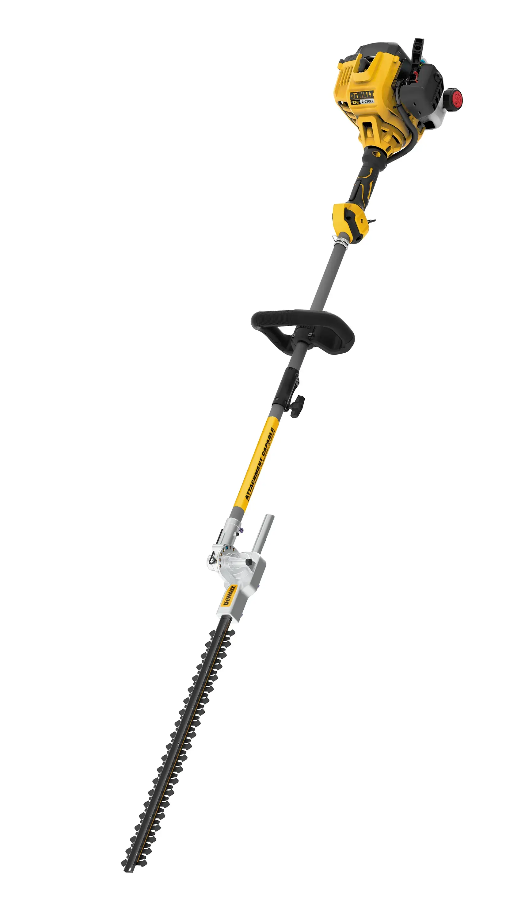 Profile of 27 cubic centimeters 2 Cycle 22 inch Gas Hedge Trimmer with Attachment Capability.
