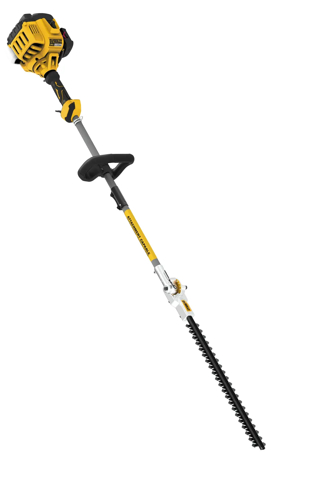 Profile of 27 cubic centimeters 2 Cycle 22 inch Gas Hedge Trimmer with Attachment Capability.