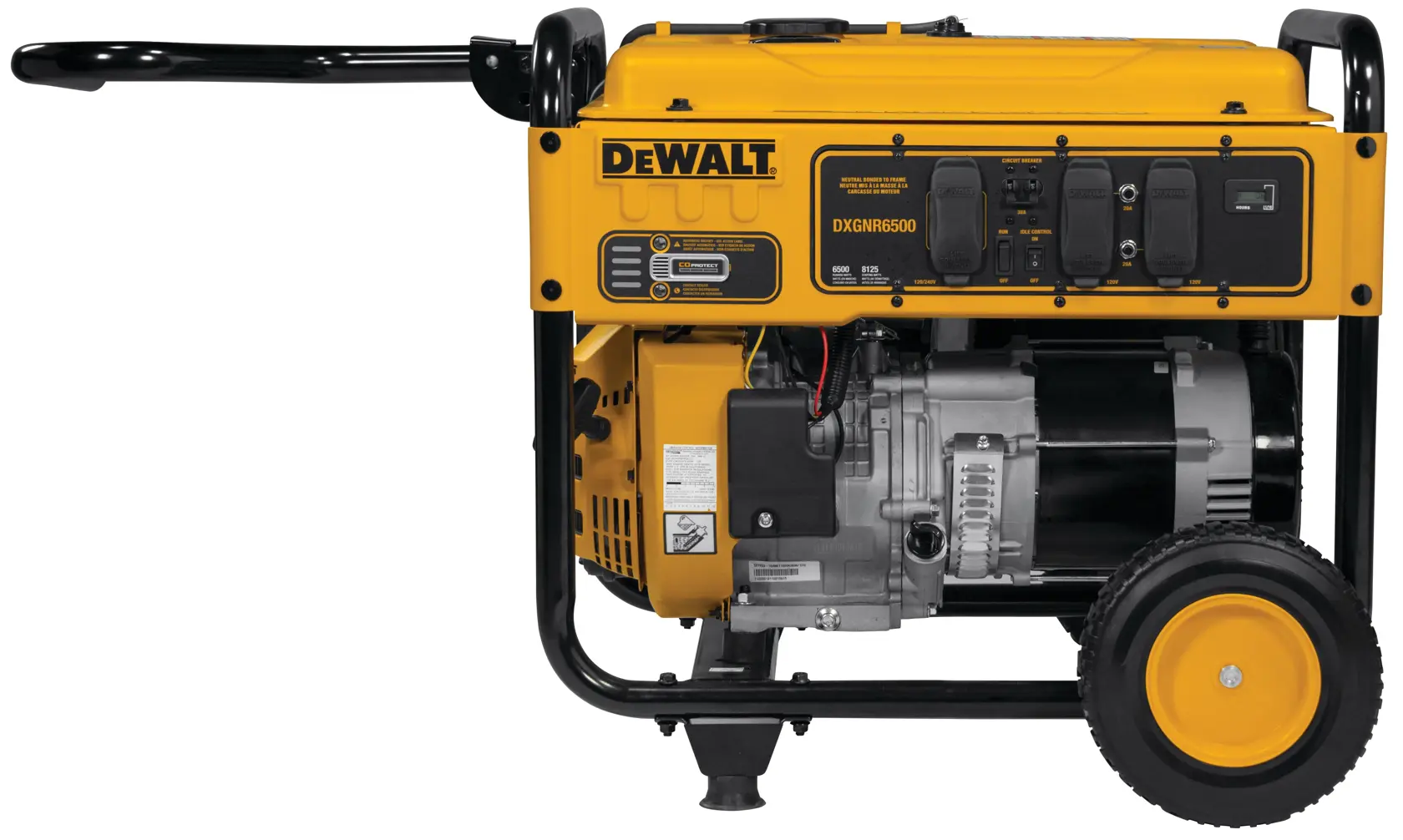 6500 WATT PORTABLE GAS GENERATOR with locking handle pulled up.