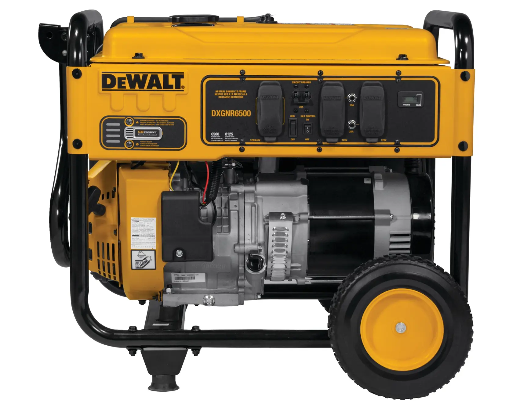 A DEWALT portable generator, model DXGNR6500, featuring a yellow and black housing with wheels and a control panel on the front.