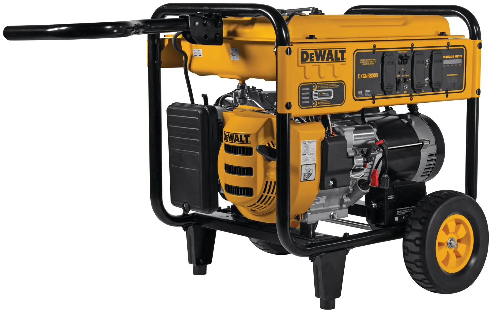Left profile of 8000 WATT PORTABLE GAS GENERATOR with locking handle pulled up.