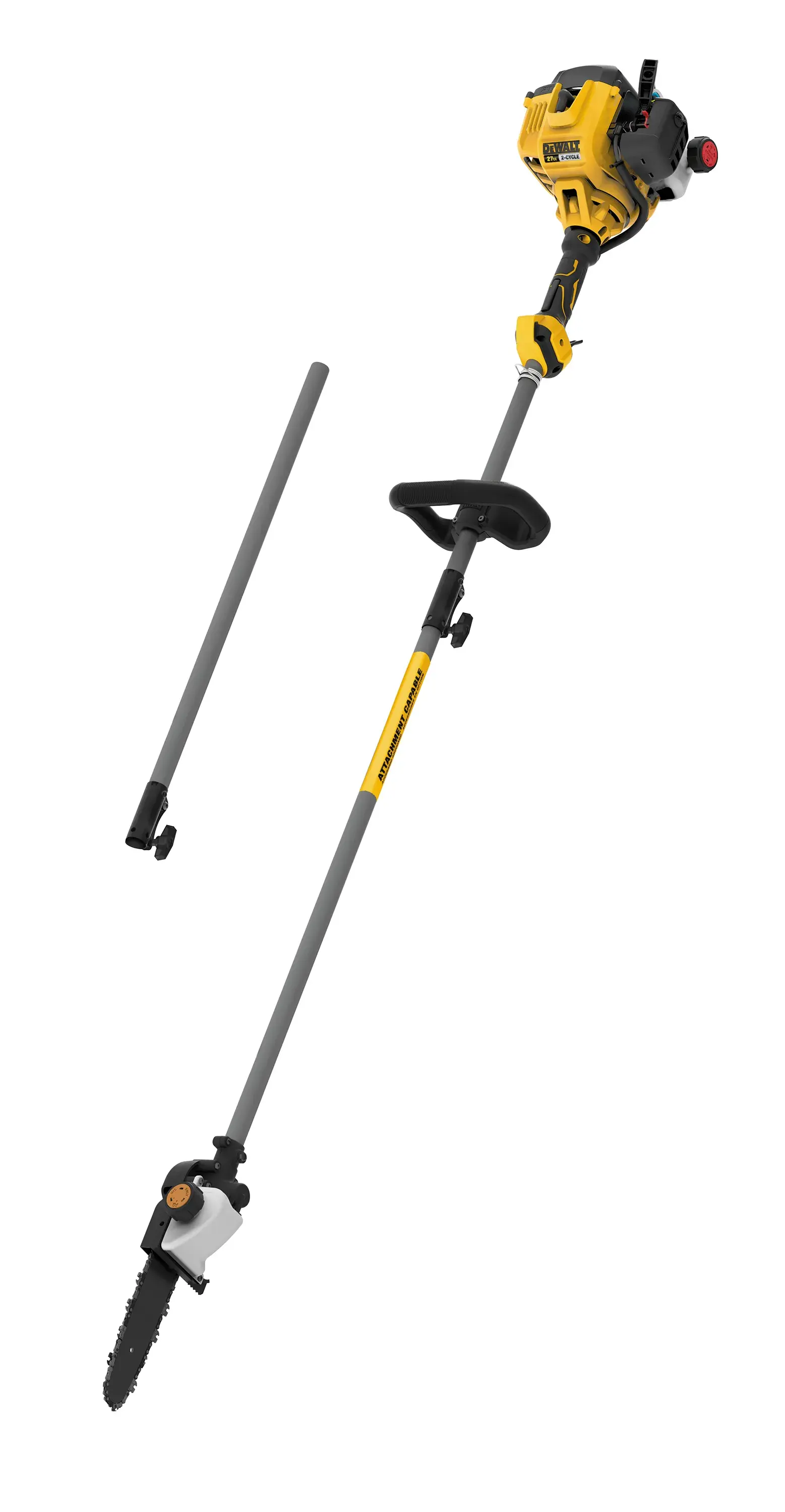 Profile of 27 cubic centimeters 2 Cycle 10 inch Gas Pole Saw with Attachment Capability with spare attachment.