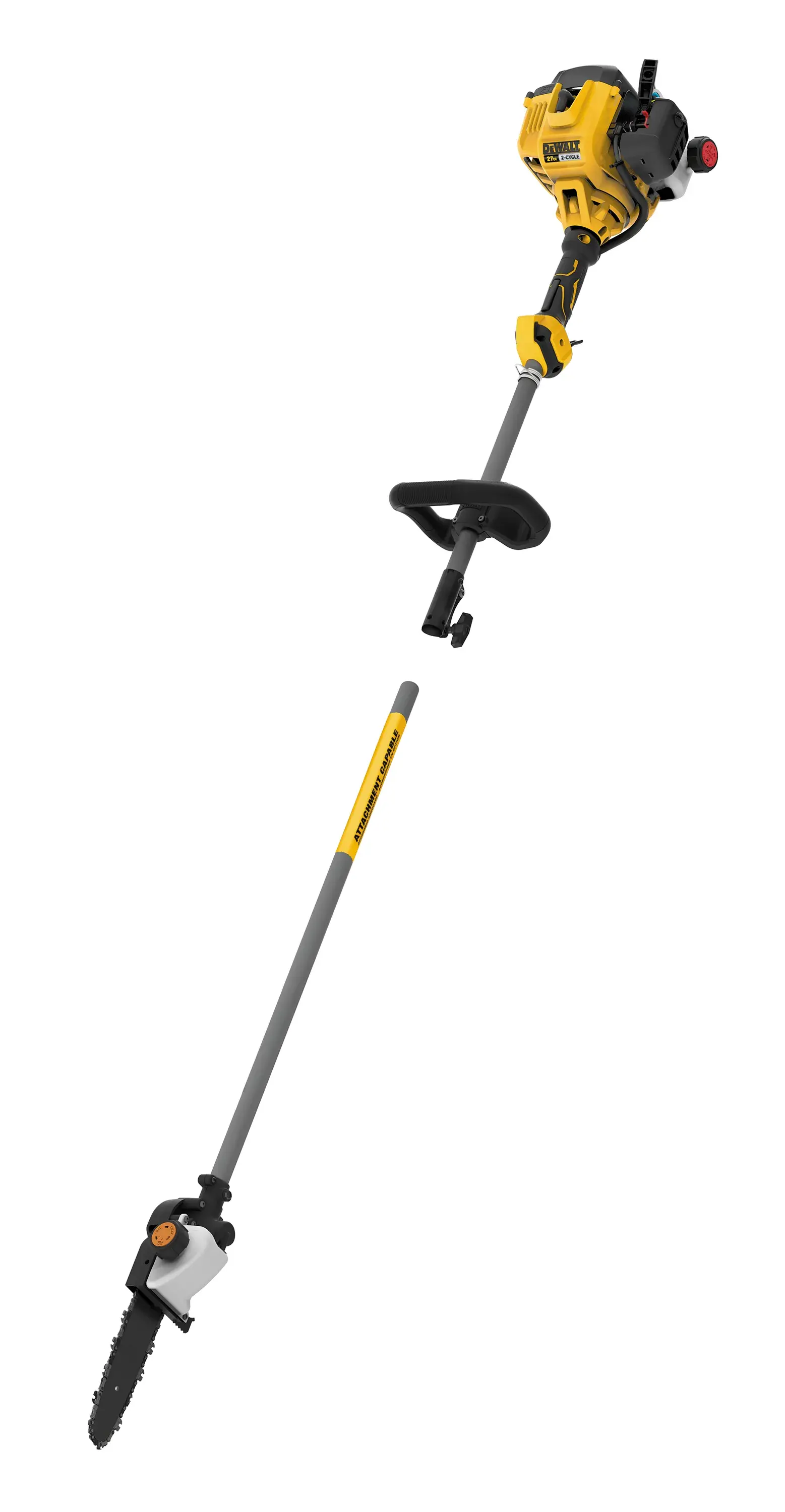 Profile of 27 cubic centimeters 2 Cycle 10 inch Gas Pole Saw with Attachment Capability detached.