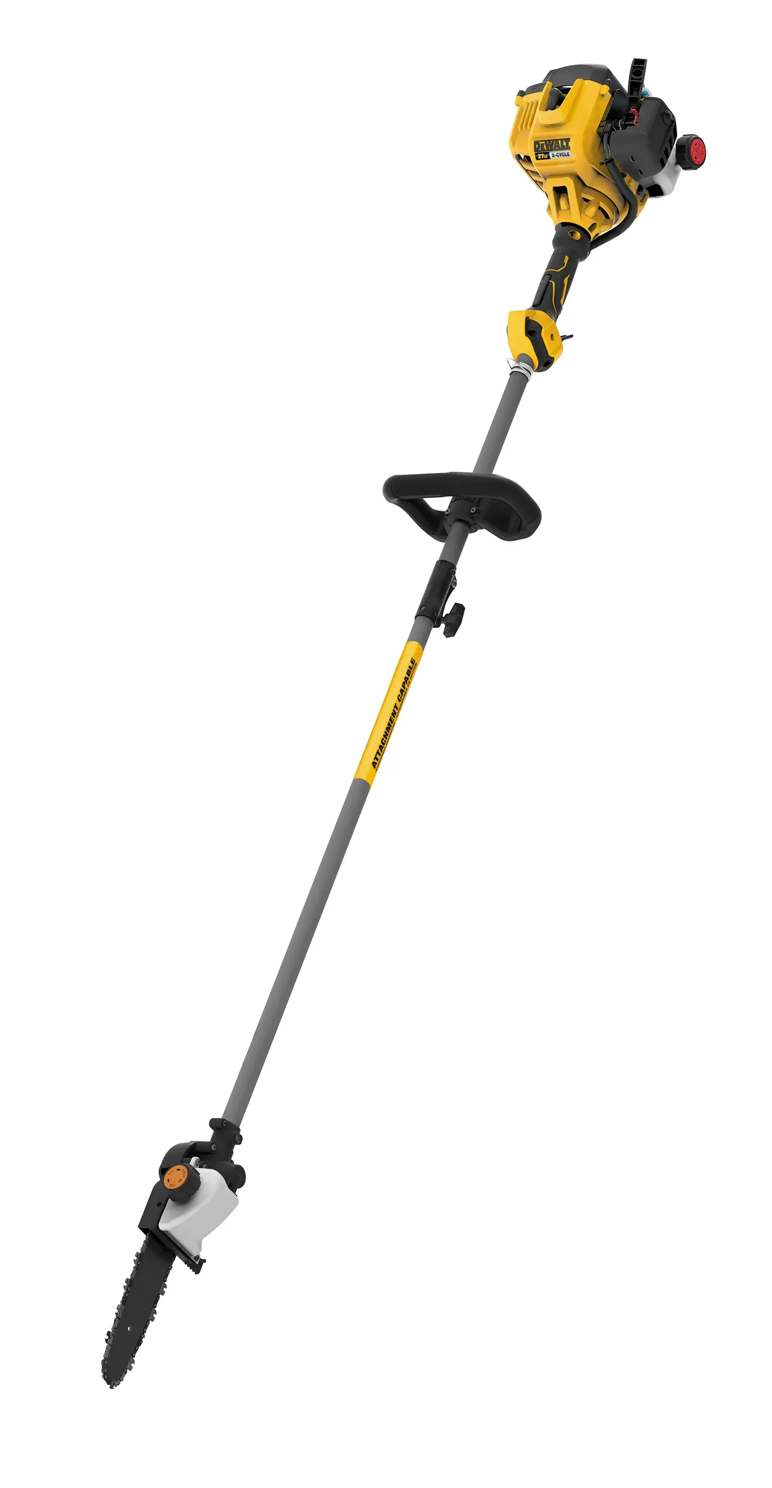 Right profile of 27 cubic centimeters 2 Cycle 10 inch Gas Pole Saw with Attachment Capability.