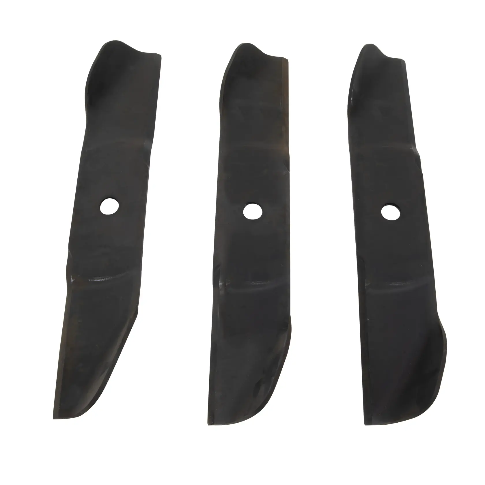 Three black metal lawn mower blades with a hole in the center, arranged side by side on a white background.