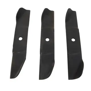 Three black metal lawn mower blades with a hole in the center, arranged side by side on a white background.