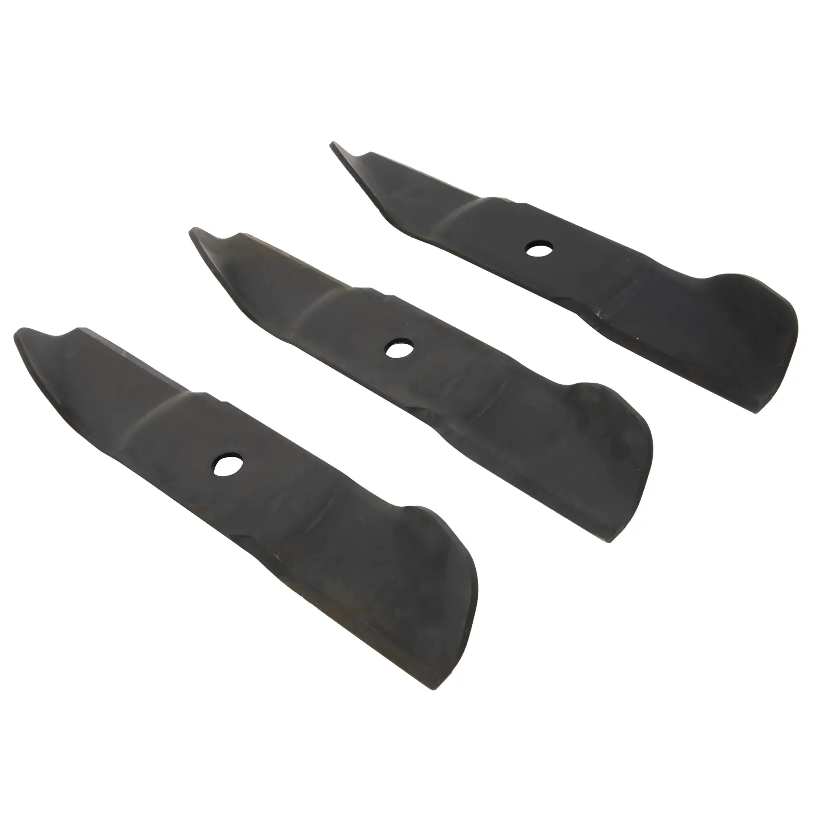 Three black metal lawn mower blades arranged side by side on a white background.
