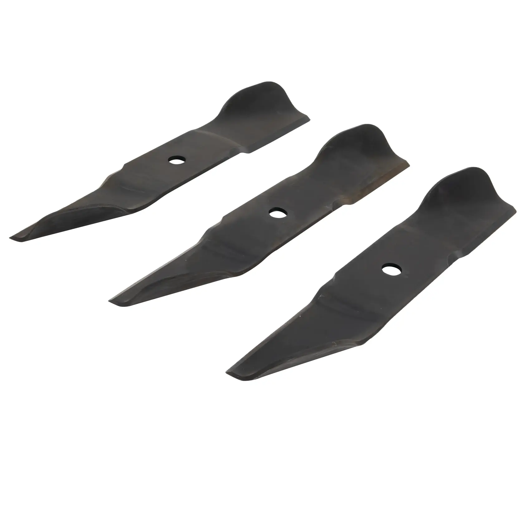 Three black metal lawn mower blades with holes in the center, arranged side by side on a white background.