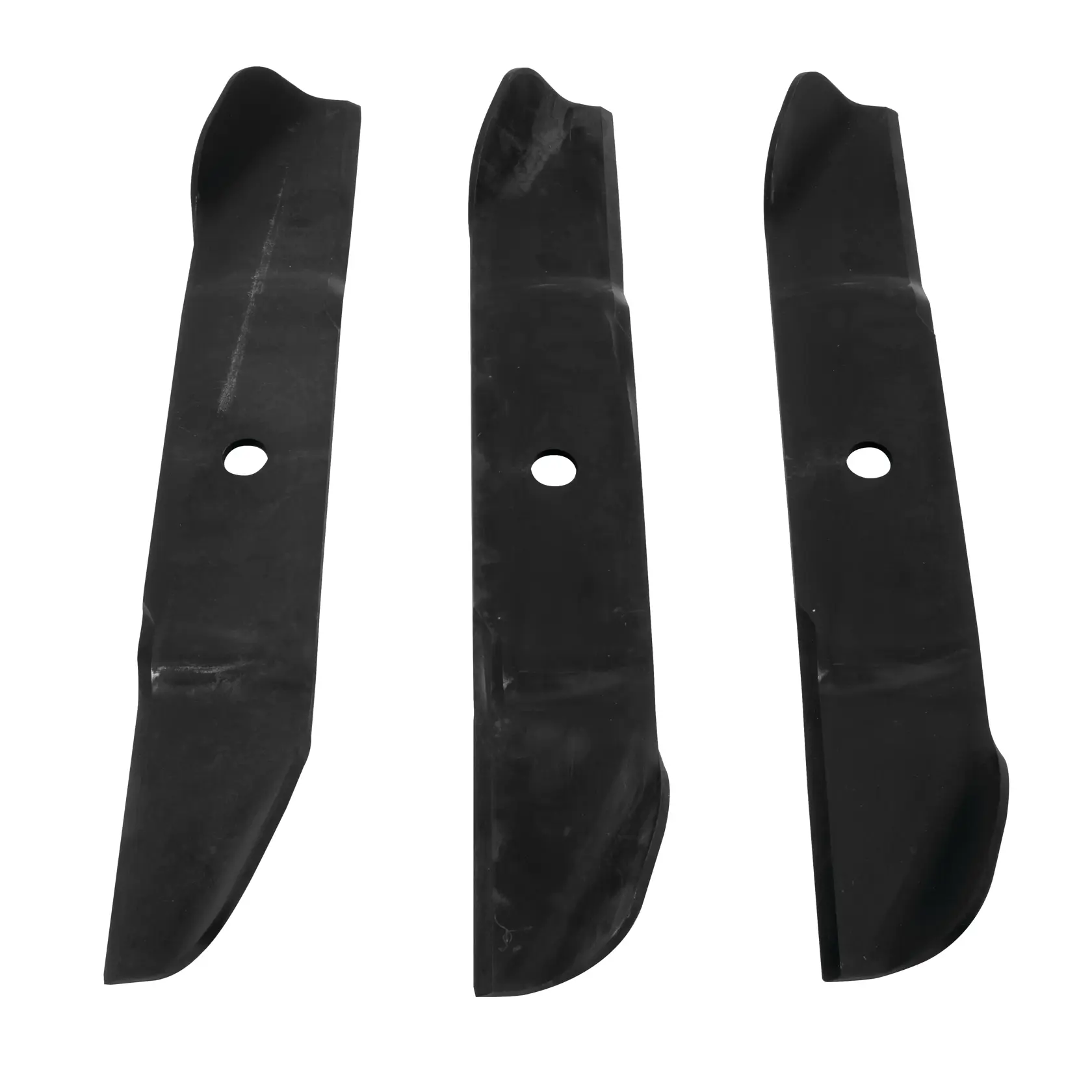 Set of three black lawn mower blades displayed side by side, each with a hole in the center for mounting.