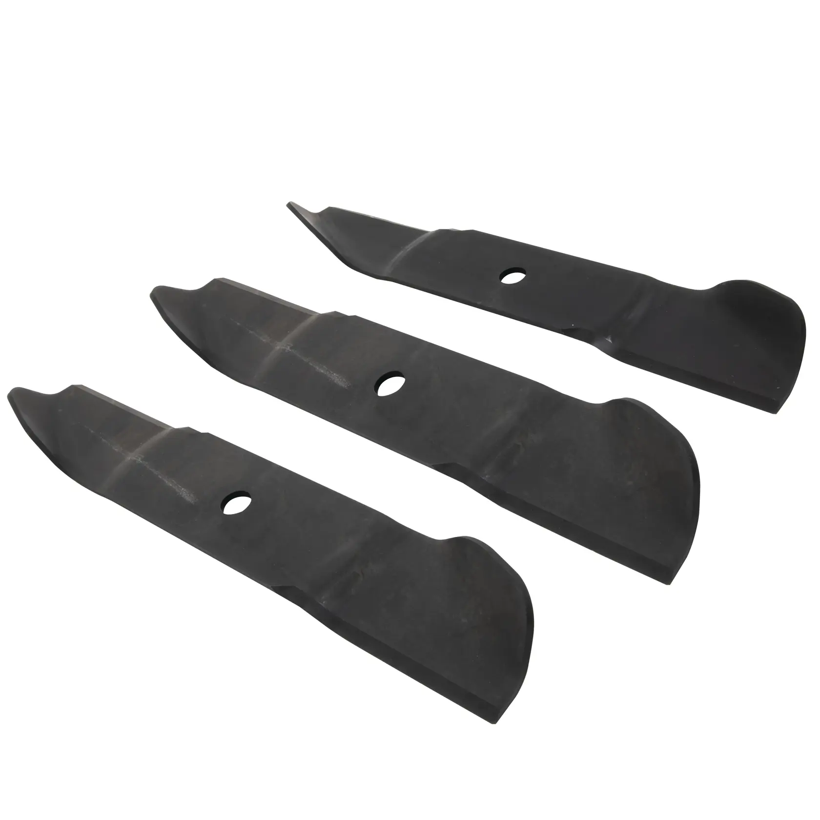 Three black lawn mower blades are shown, laid out side by side on a white background.