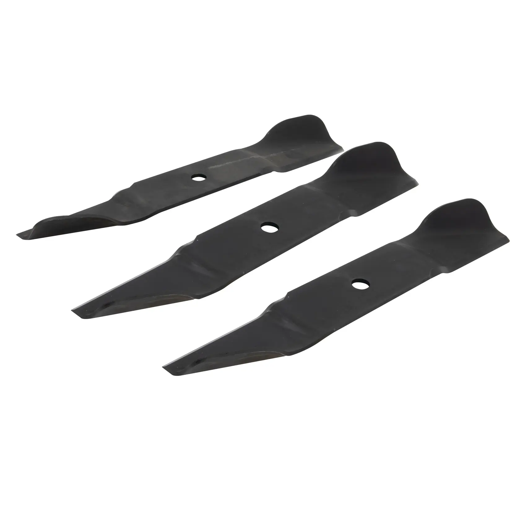 Three black metal lawn mower blades are arranged diagonally on a white background. Each blade has a central mounting hole and curved edges.