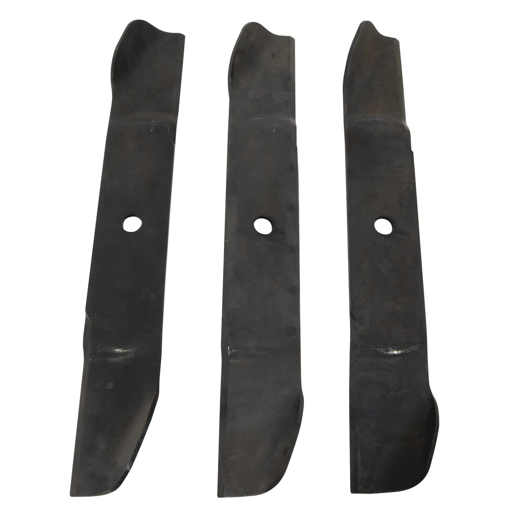 Three black metal lawn mower blades arranged vertically side by side.