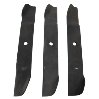 Three black metal lawn mower blades arranged vertically side by side.