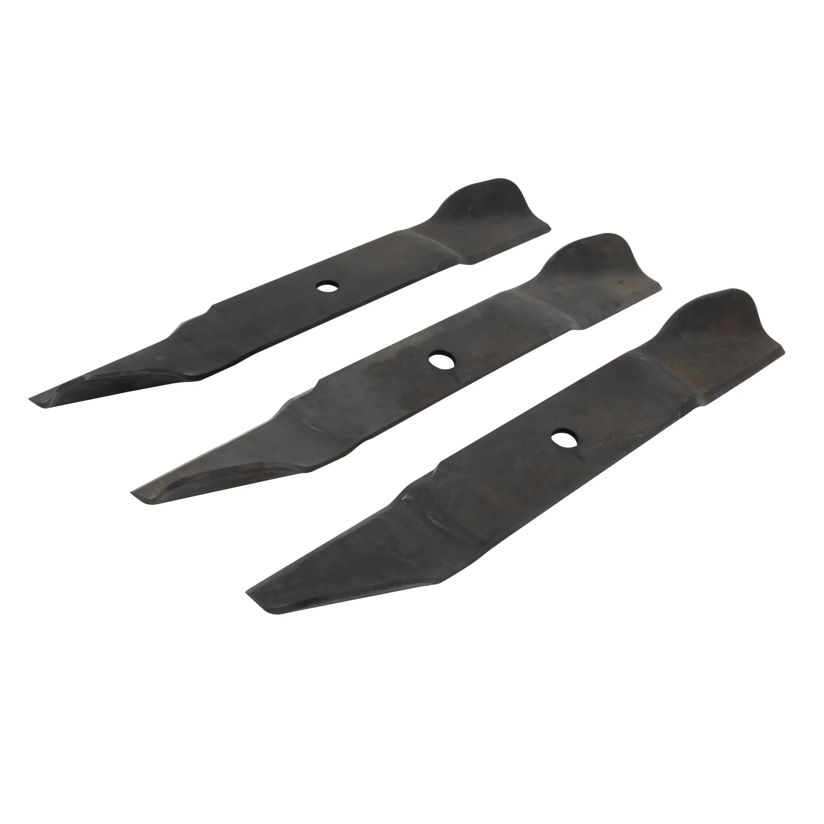 Three black lawn mower blades arranged side by side, each with a hole in the center for mounting.