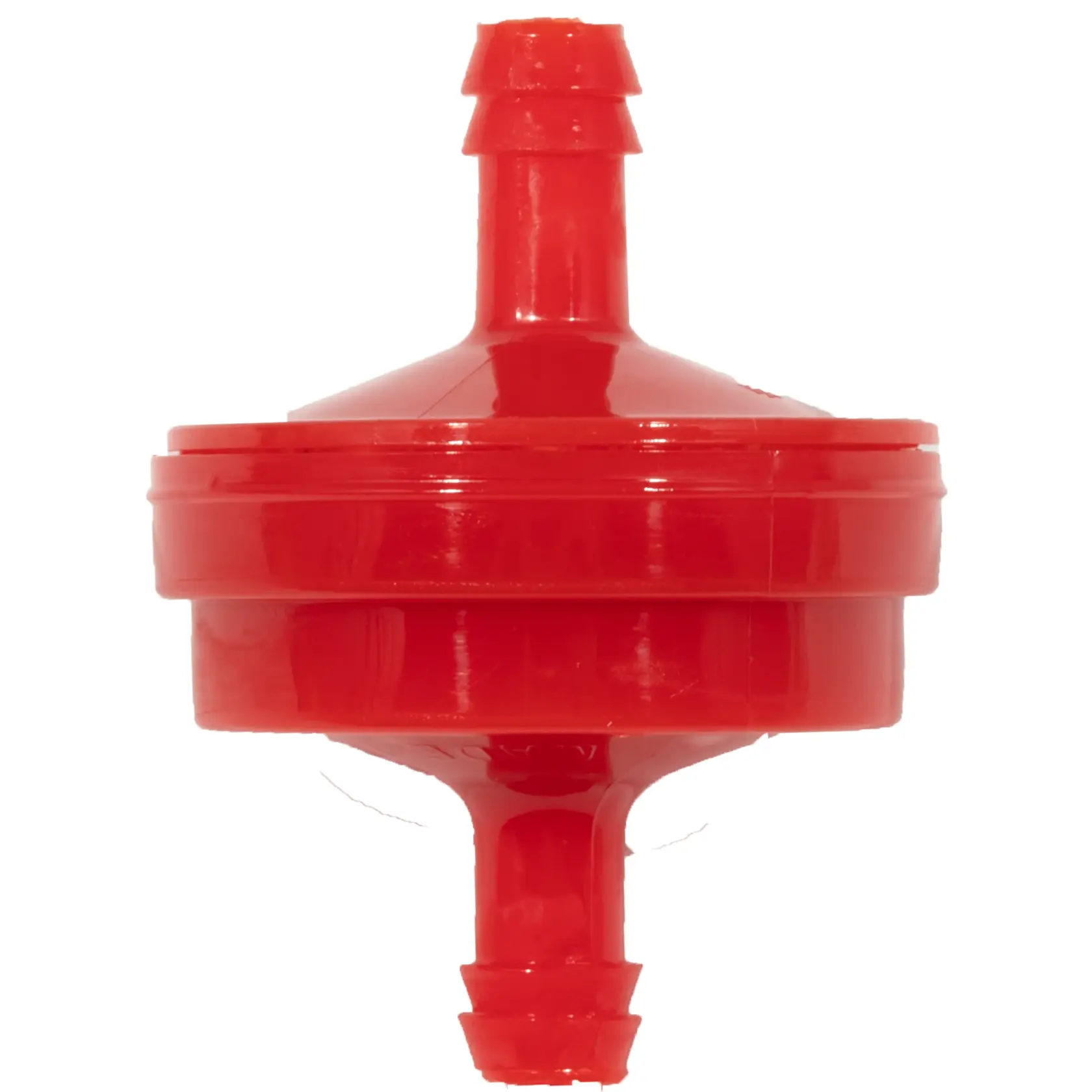 A close-up image of a red plastic in-line fuel filter with barbed hose connections on both ends, photographed on a white background.