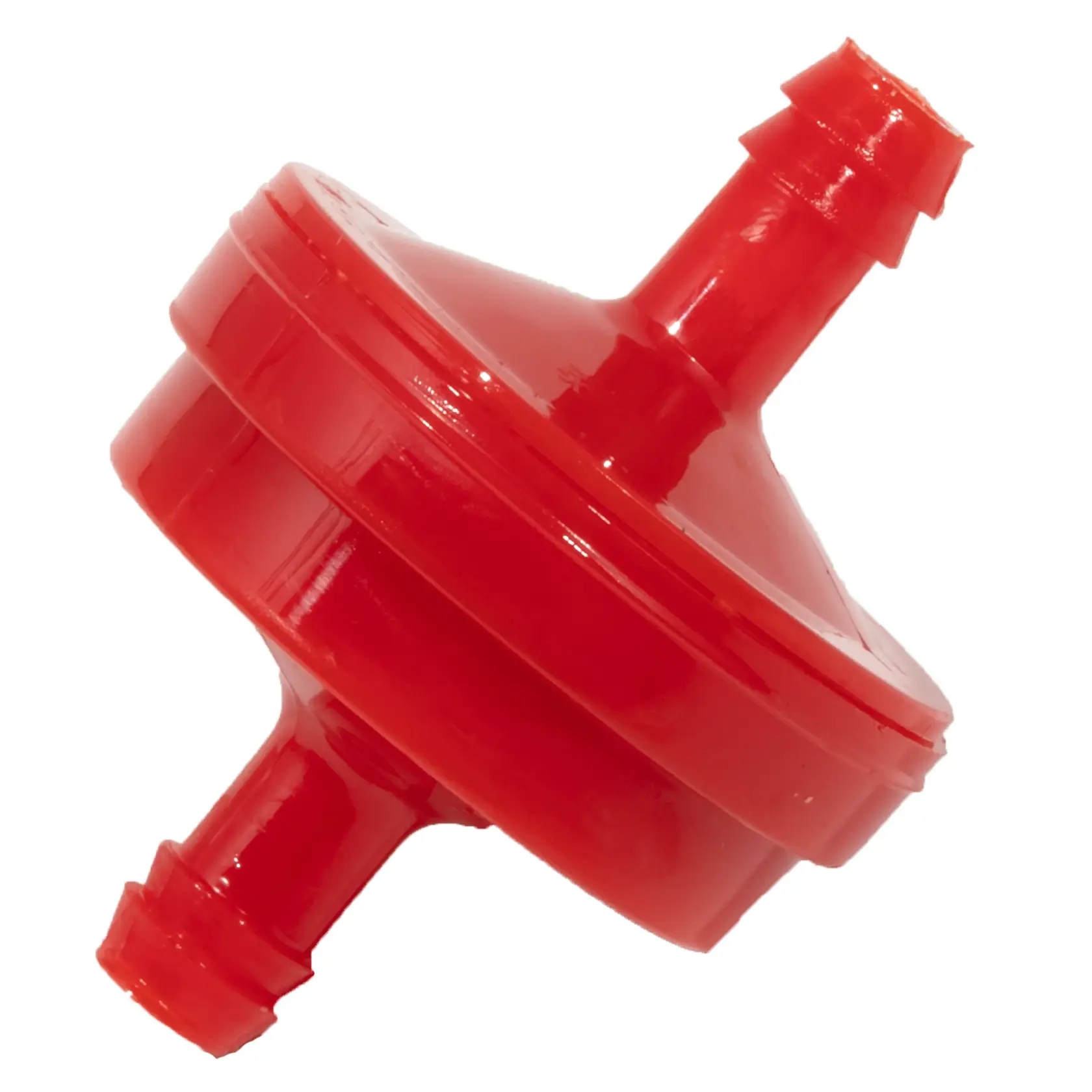A close-up view of a red plastic inline fuel filter with barbed ends for hose attachment.