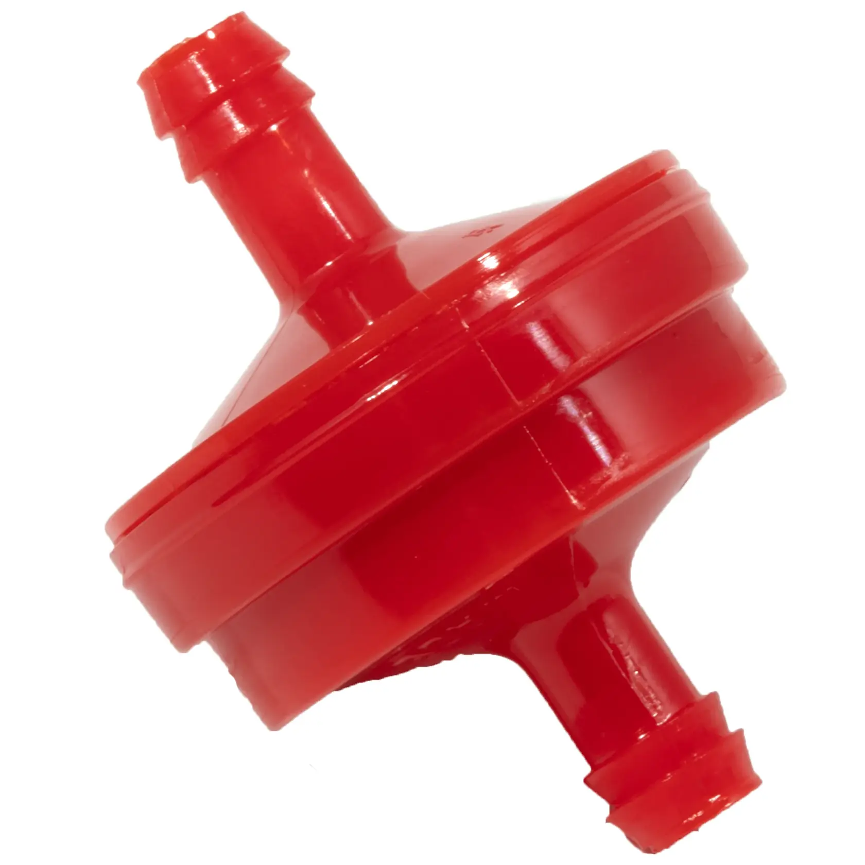 A red plastic inline fuel filter with barbed hose fittings on both ends.