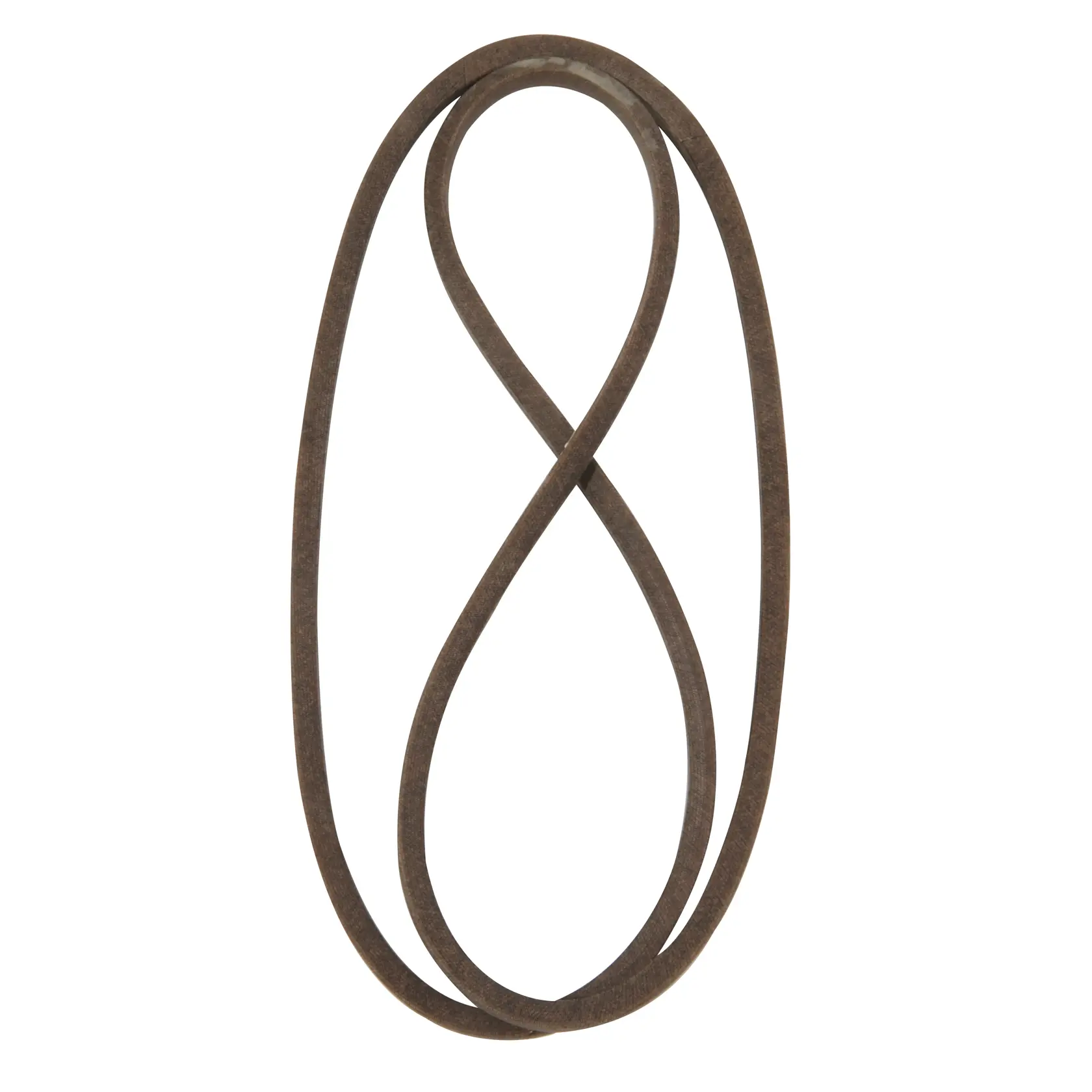 A brown rubber drive belt shaped in a loop, photographed against a white background.