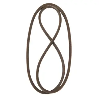 A brown rubber drive belt shaped in a loop, photographed against a white background.